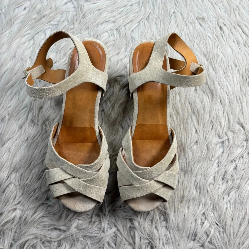 Sezane Women's 39 US 8 Ivory Khaki Suede Strappy Isabelle Clog Sandals Scandi